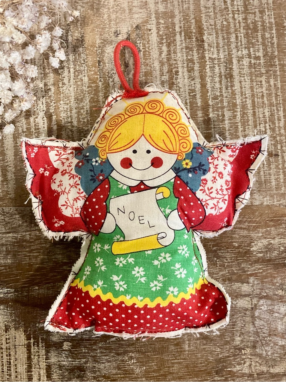 Vintage Holiday Angel Fabric Ornament - Red & Green 1980s Handmade Noel
